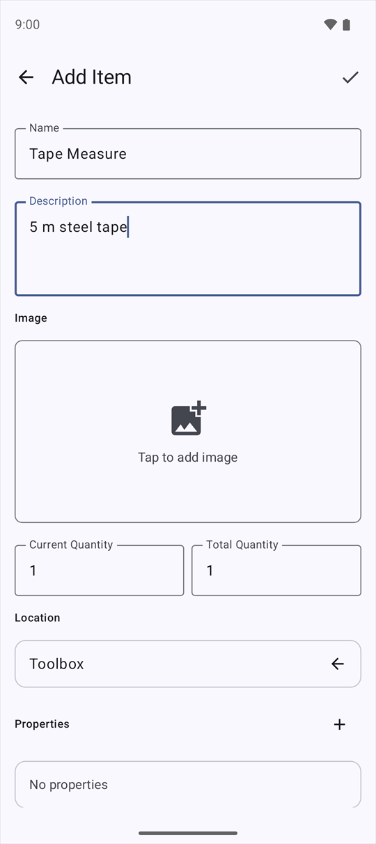 Add Item screen with name Tape Measure and location Toolbox.