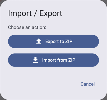 Import / Export dialog with Export to ZIP and Import from ZIP.