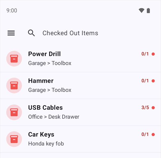 Checked Out Items: Power Drill, Hammer, USB Cables 3 of 5, Car Keys.