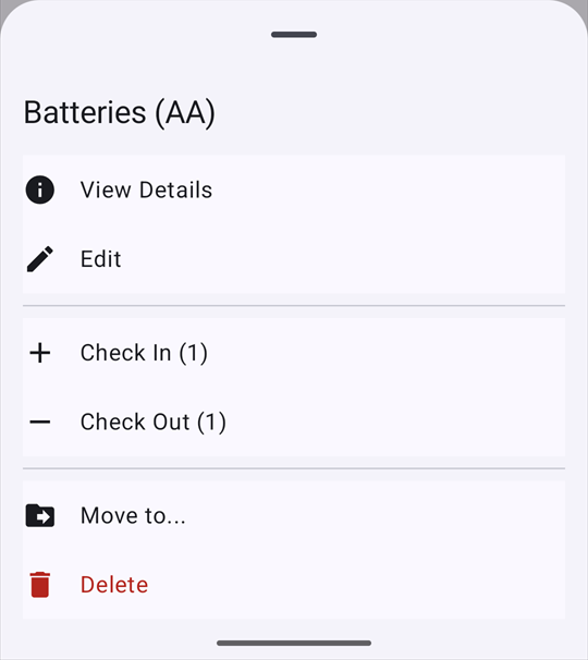 The quick menu: View Details, Edit, Check In, Check Out, Move to, Delete.