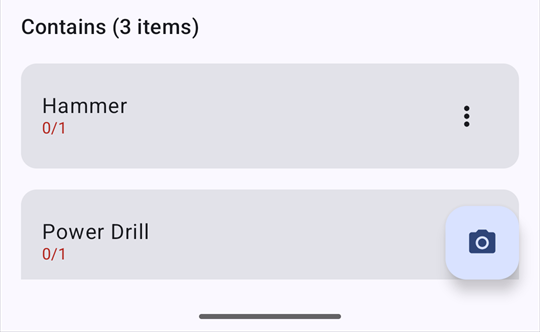 Bottom of an item screen: the Contains list and the camera button.