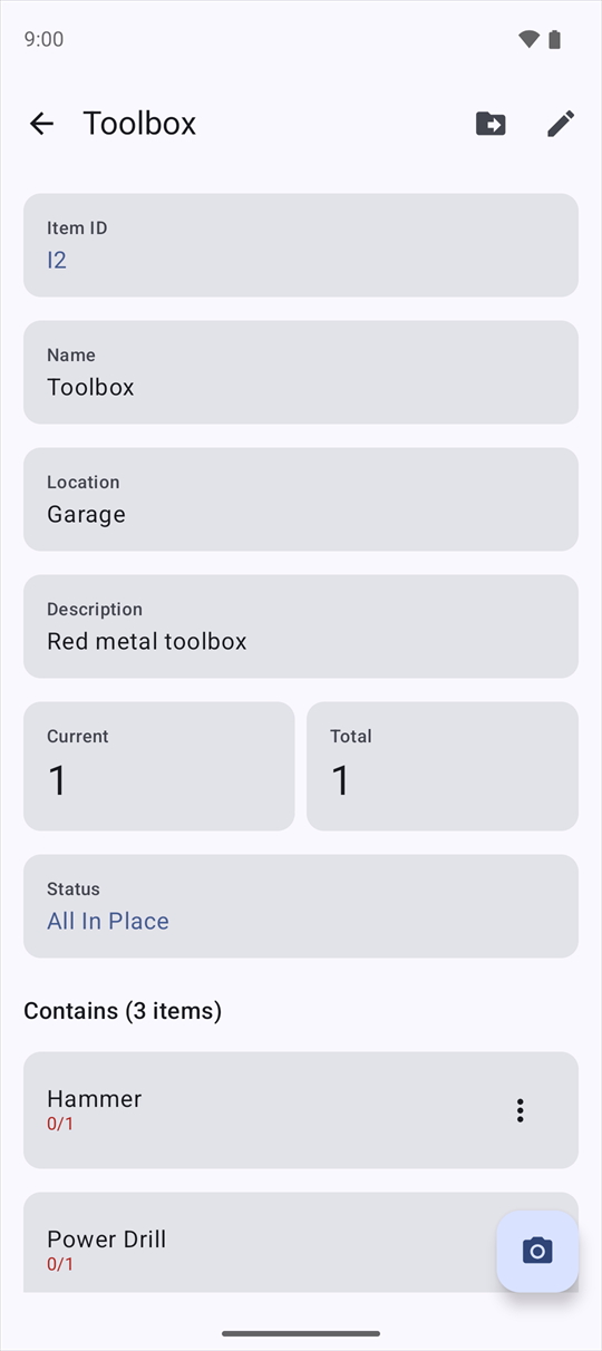 The item screen of Toolbox: its location, quantities, status, and the 3 items it contains.