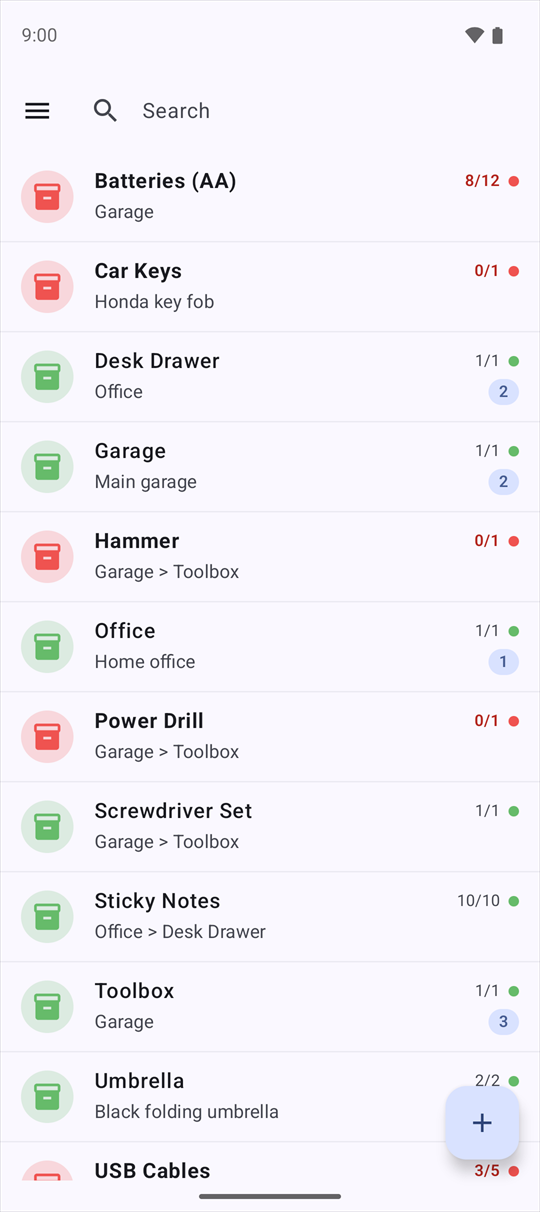 The main list. Each row shows an item, where it is, and how many are in place. Red rows have something out.