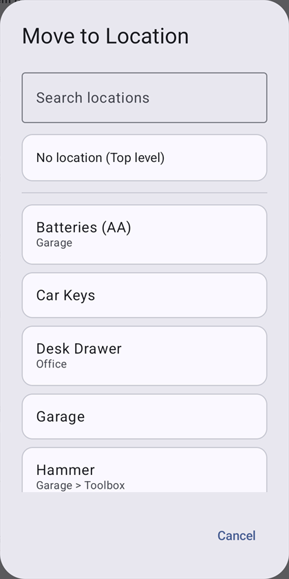 Move to Location dialog with a search field and a list of places.