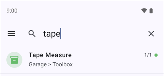 Search for tape finds Tape Measure in Garage, Toolbox.