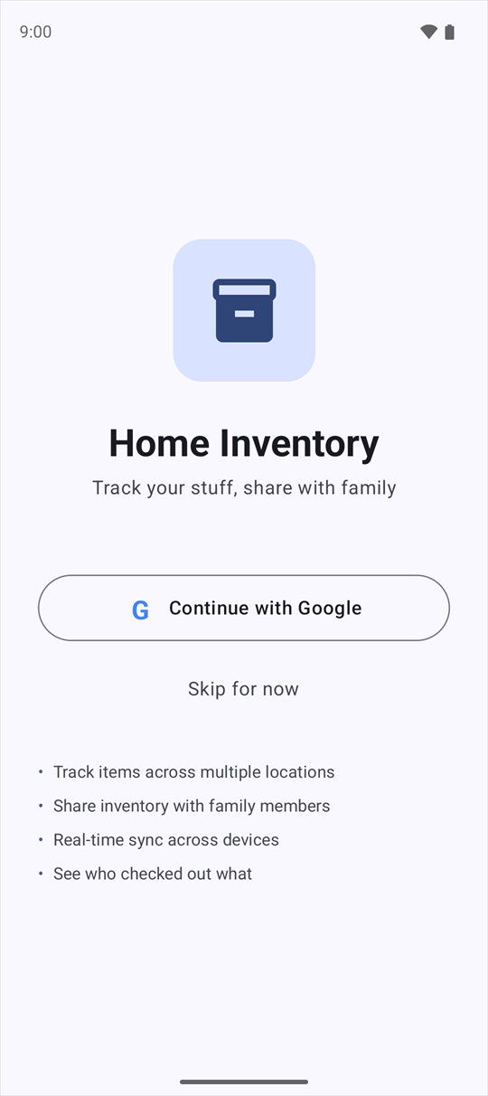 Start screen with Continue with Google and Skip for now.